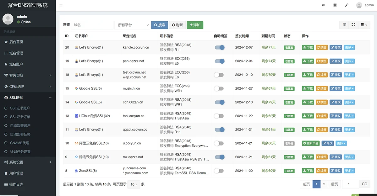 彩虹聚合DNS管理系统源码+SSL证书自动申请与部署